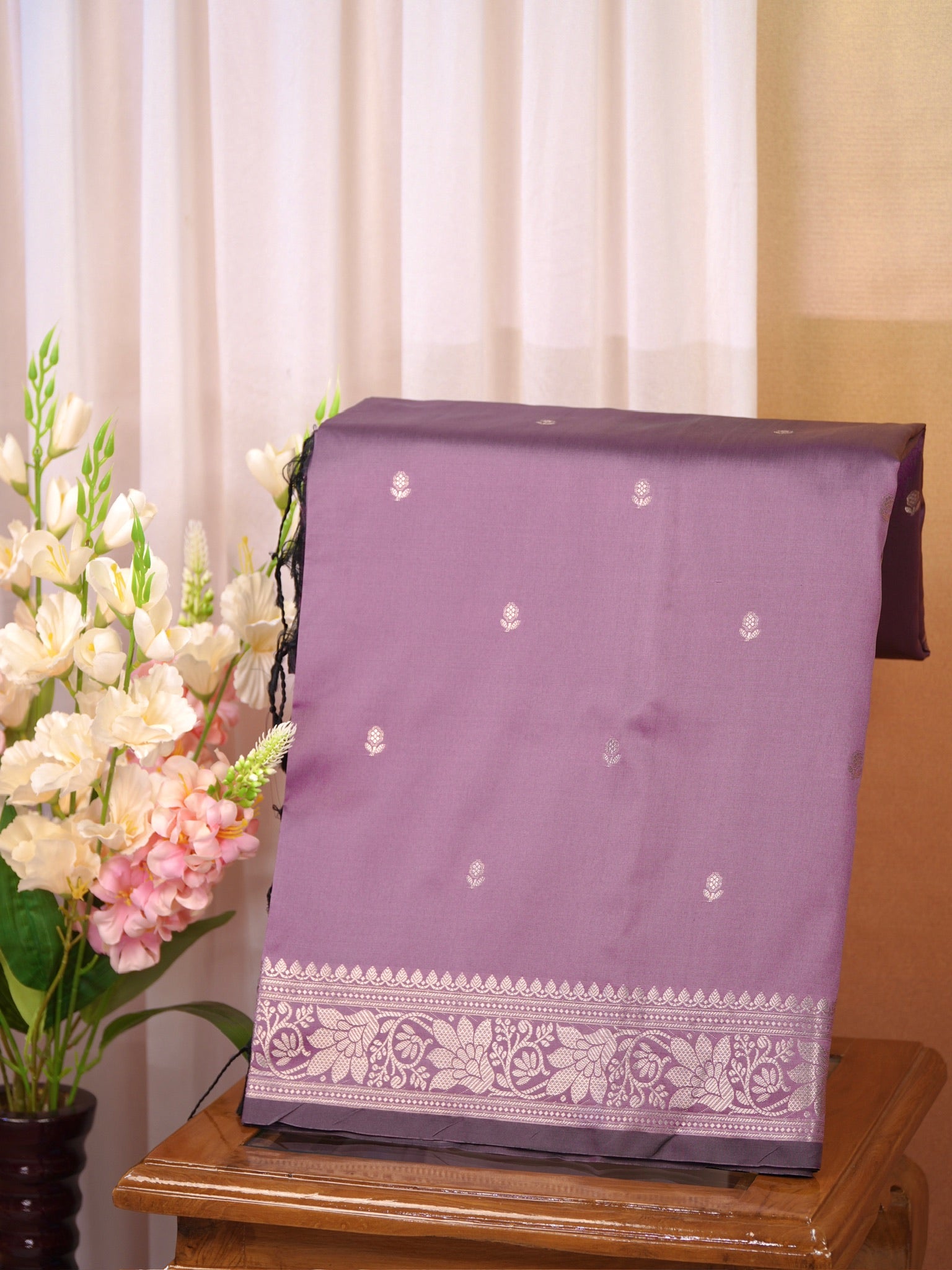 Mauve Lavender Banarasi Semi Soft Katan Silk Saree with Silver Zari