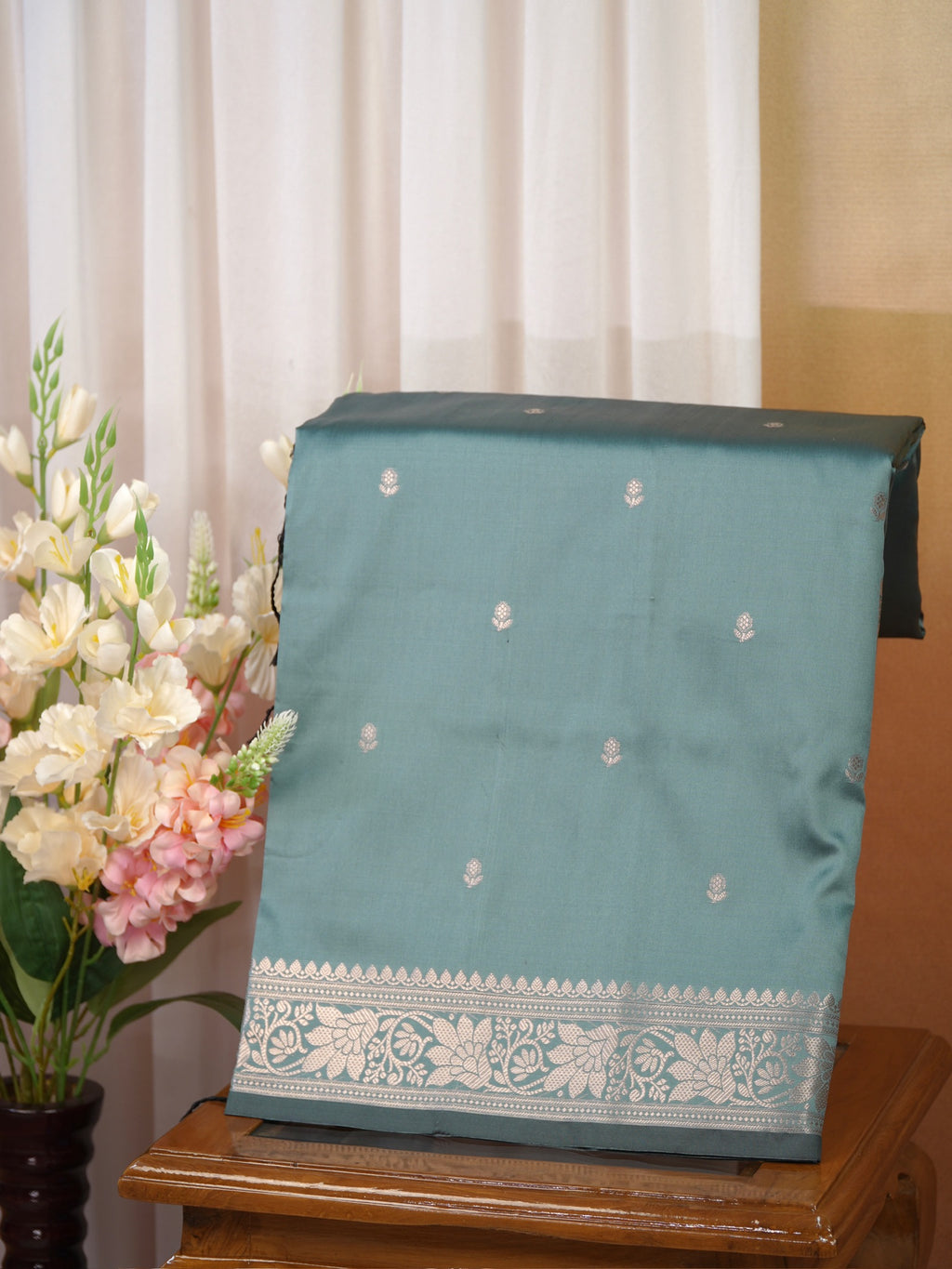 Sea Green Banarasi Semi Soft Katan Silk Saree with Silver Zari