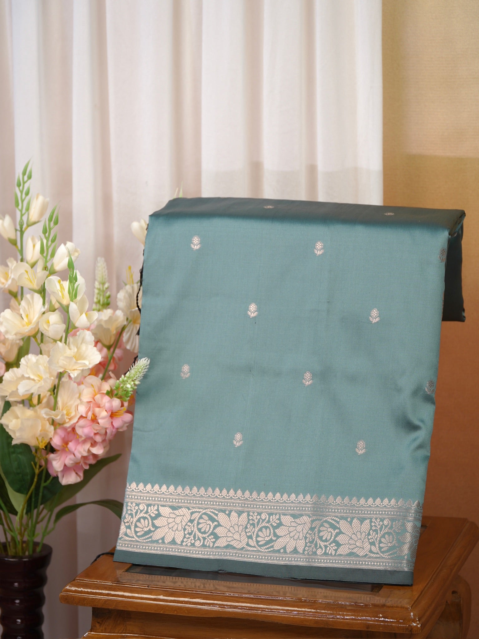 Sea Green Banarasi Semi Soft Katan Silk Saree with Silver Zari