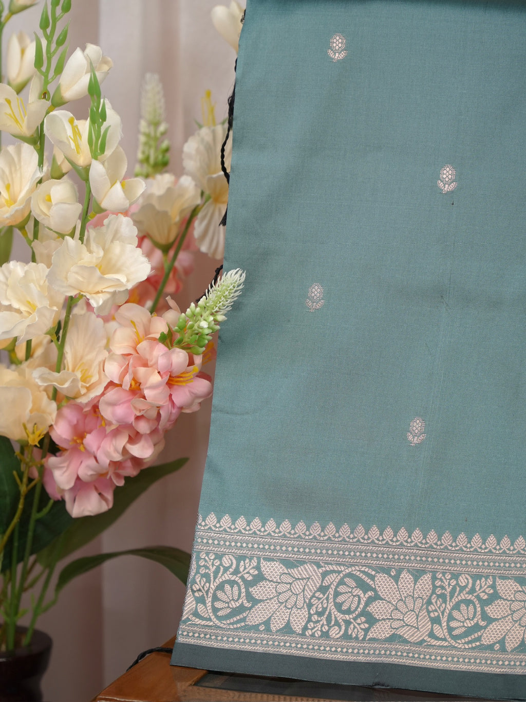 Sea Green Banarasi Semi Soft Katan Silk Saree with Silver Zari