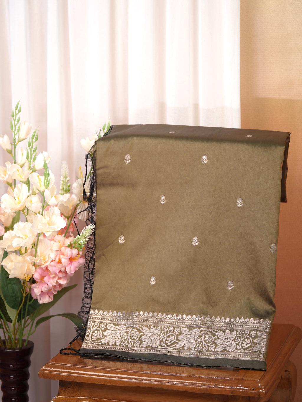 Olive Green Banarasi Semi Soft Katan Silk Saree with Silver Zari