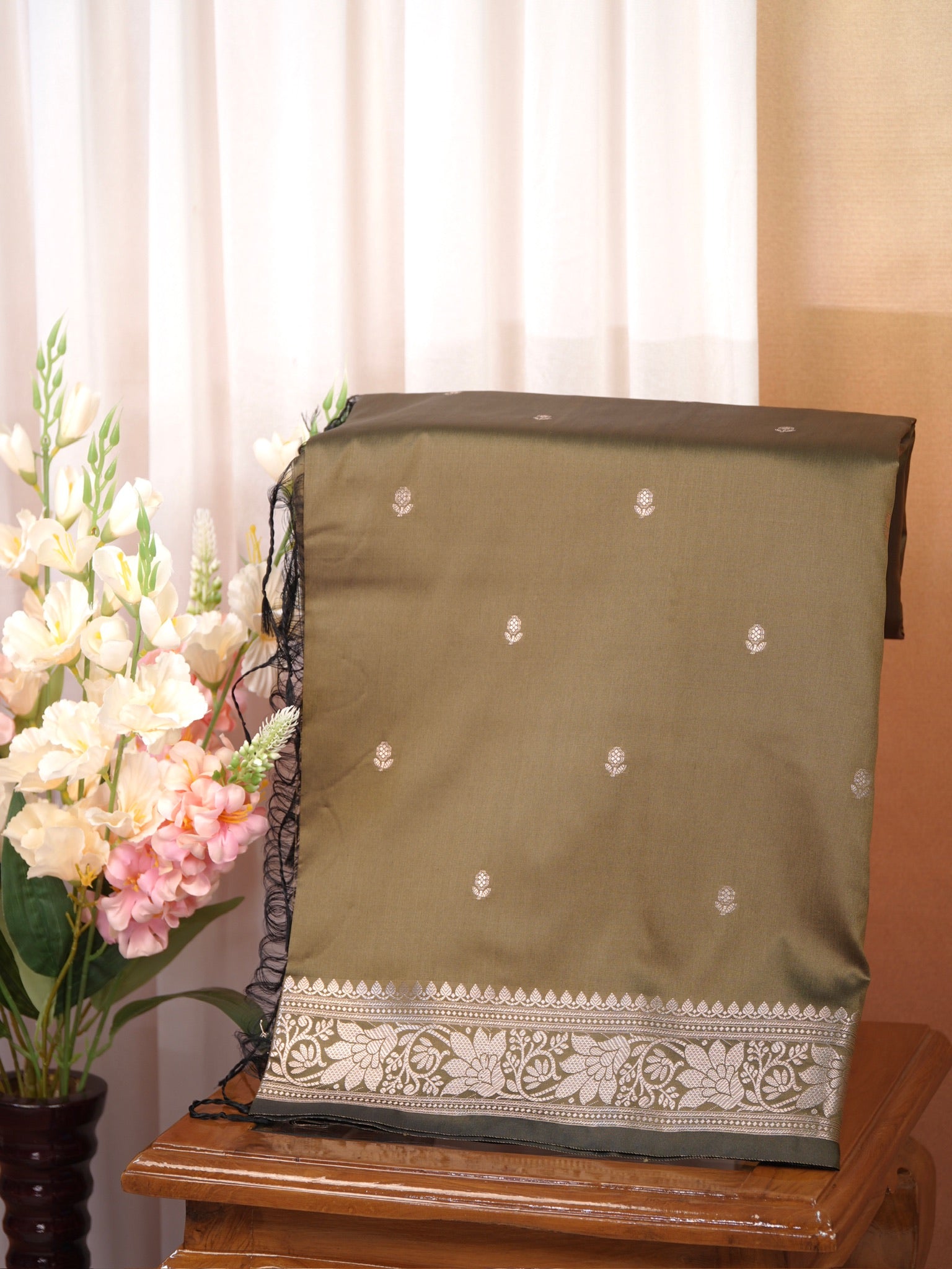 Olive Green Banarasi Semi Soft Katan Silk Saree with Silver Zari