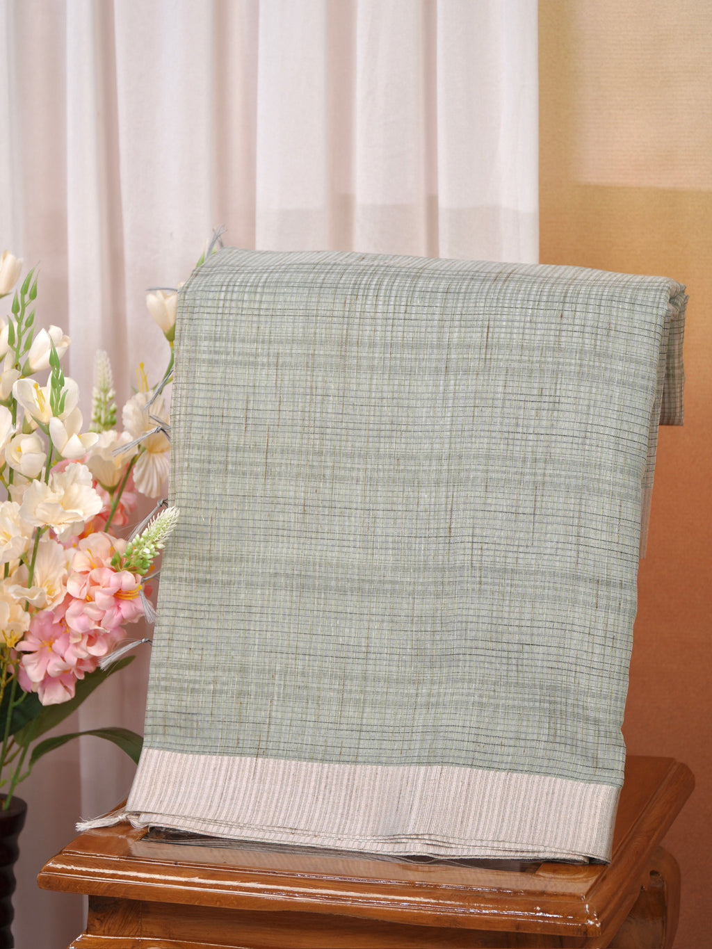 Sage Green & Beige Checked Banarasi Semi Soft Cotton Silk Saree
