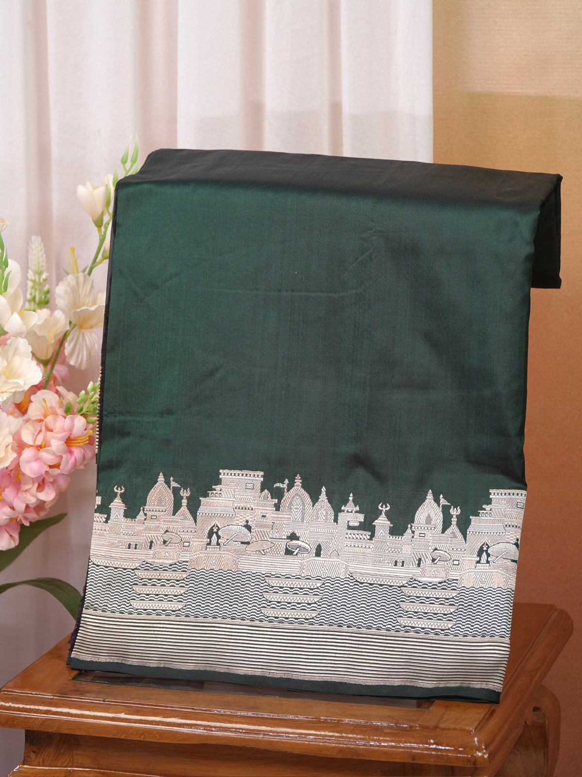 Deep Forest Green Pure Katan Silk Handwoven Banarasi Saree with Varanasi Ghat Motif Border