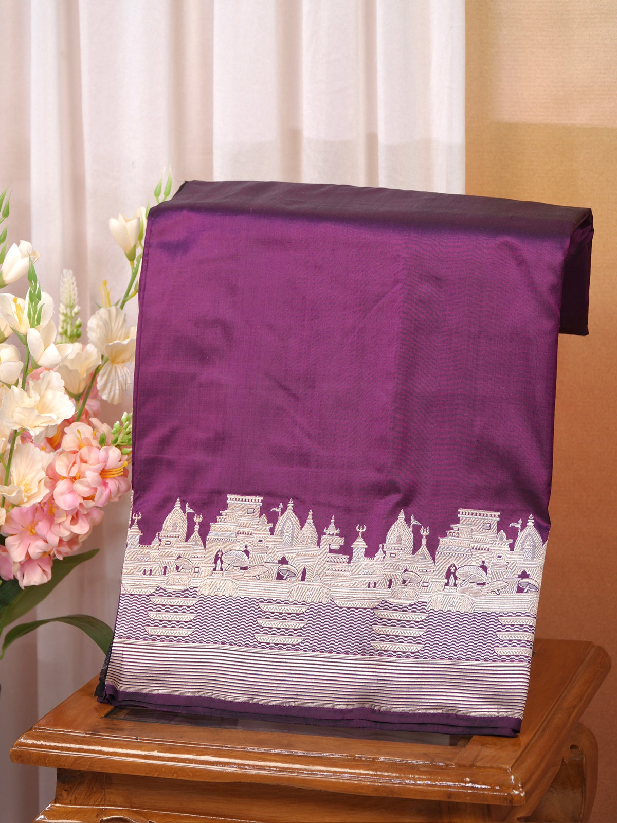 Royal Purple Pure Katan Silk Handwoven Banarasi Saree with Varanasi Ghat Motif Border