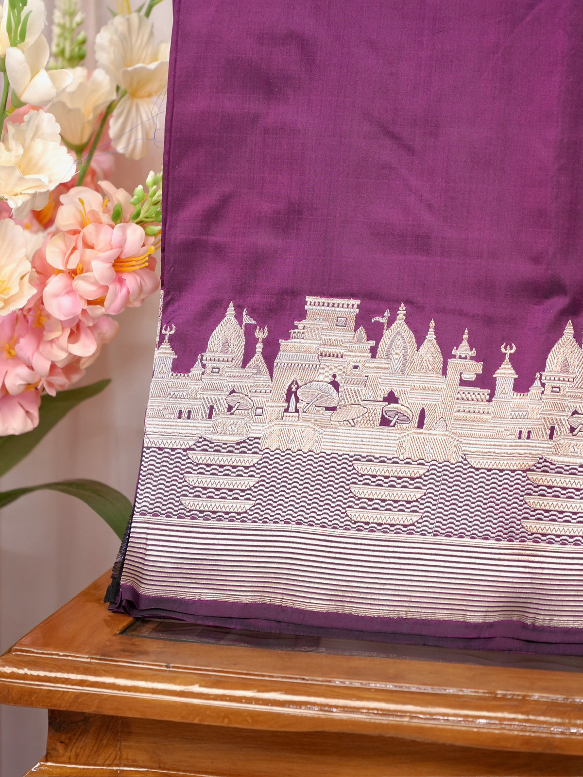 Royal Purple Pure Katan Silk Handwoven Banarasi Saree with Varanasi Ghat Motif Border