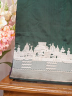 Deep Forest Green Pure Katan Silk Handwoven Banarasi Saree with Varanasi Ghat Motif Border