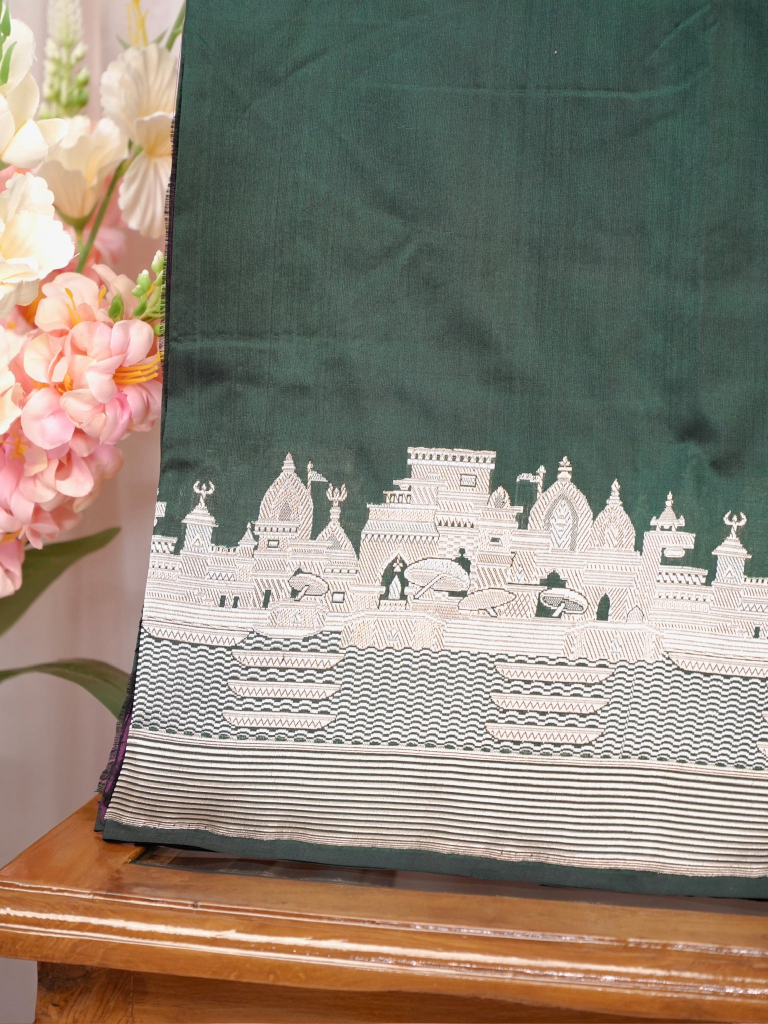 Deep Forest Green Pure Katan Silk Handwoven Banarasi Saree with Varanasi Ghat Motif Border