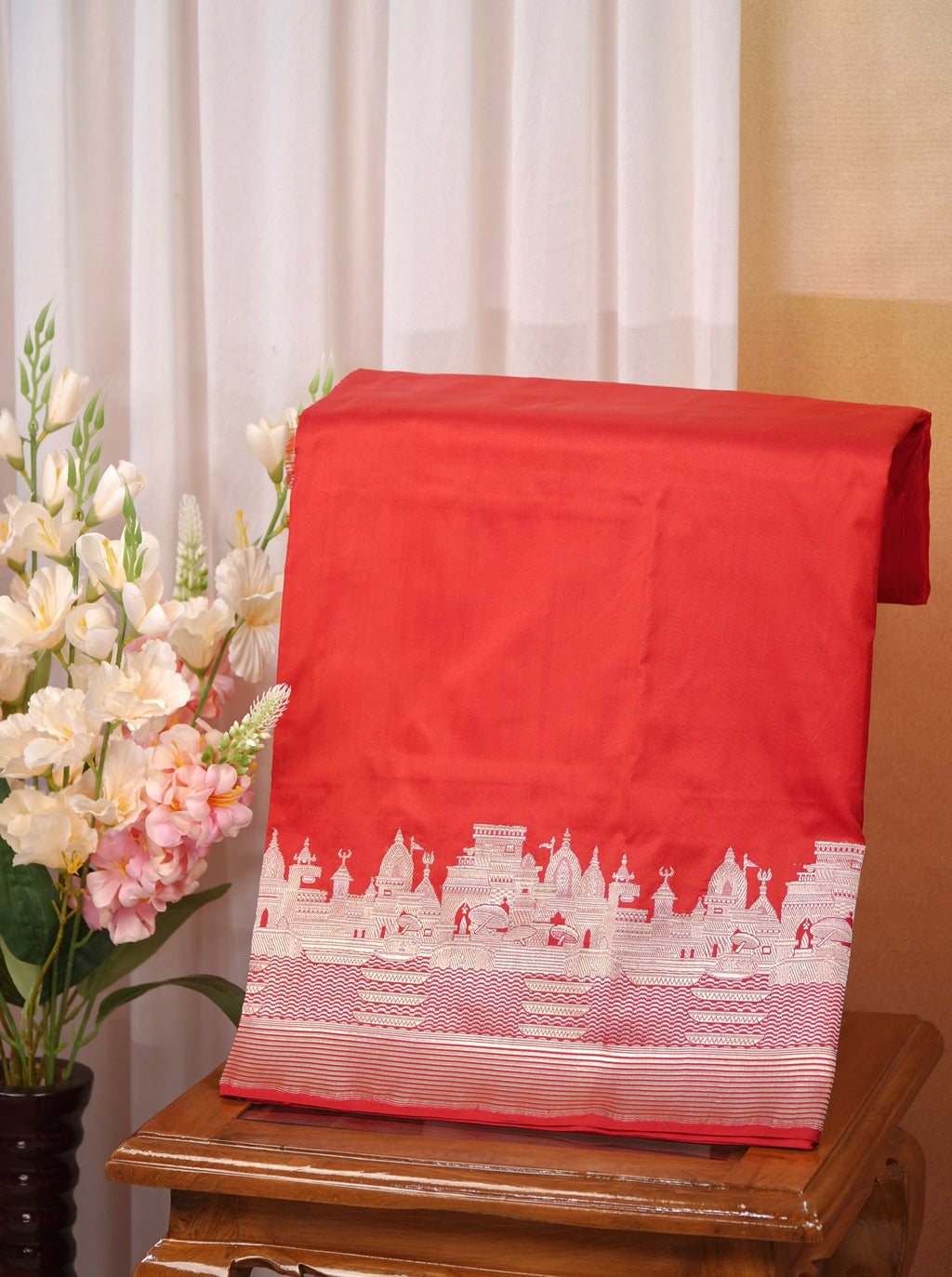 Vibrant Scarlet Red Pure Katan Silk Handwoven Banarasi Saree with Varanasi Ghat Motif Border