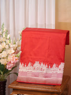 Vibrant Scarlet Red Pure Katan Silk Handwoven Banarasi Saree with Varanasi Ghat Motif Border