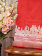 Vibrant Scarlet Red Pure Katan Silk Handwoven Banarasi Saree with Varanasi Ghat Motif Border