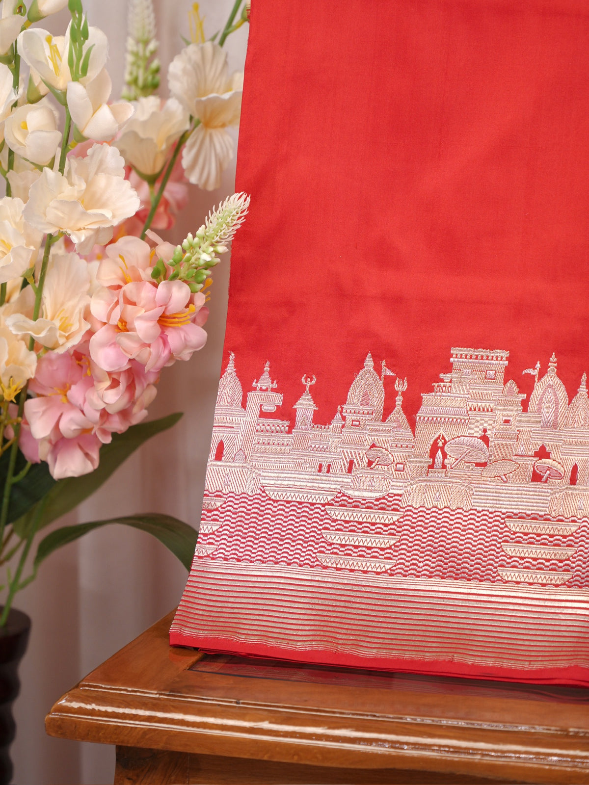 Vibrant Scarlet Red Pure Katan Silk Handwoven Banarasi Saree with Varanasi Ghat Motif Border