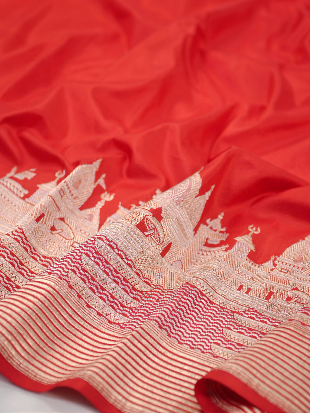 Vibrant Scarlet Red Pure Katan Silk Handwoven Banarasi Saree with Varanasi Ghat Motif Border