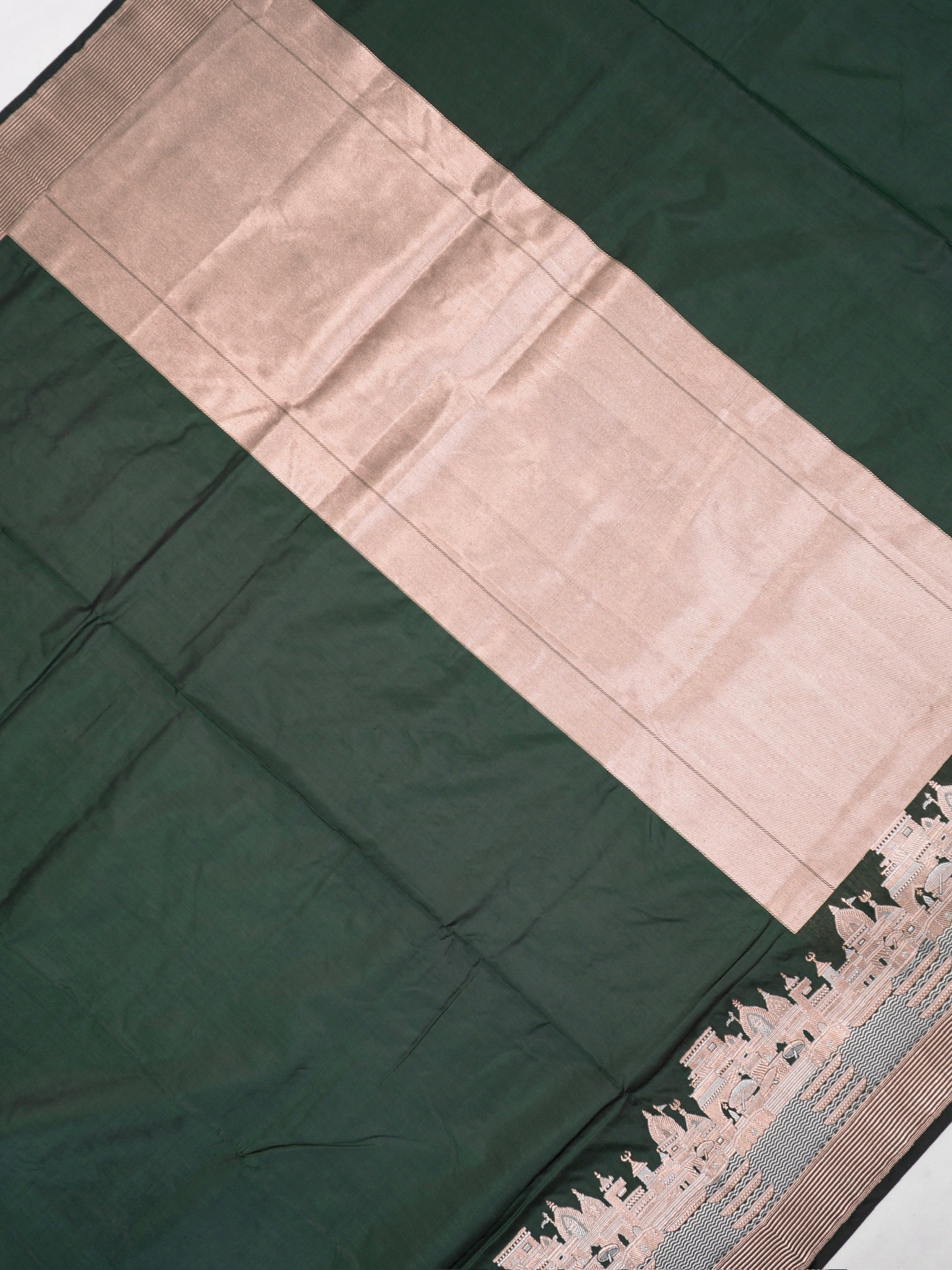 Deep Forest Green Pure Katan Silk Handwoven Banarasi Saree with Varanasi Ghat Motif Border