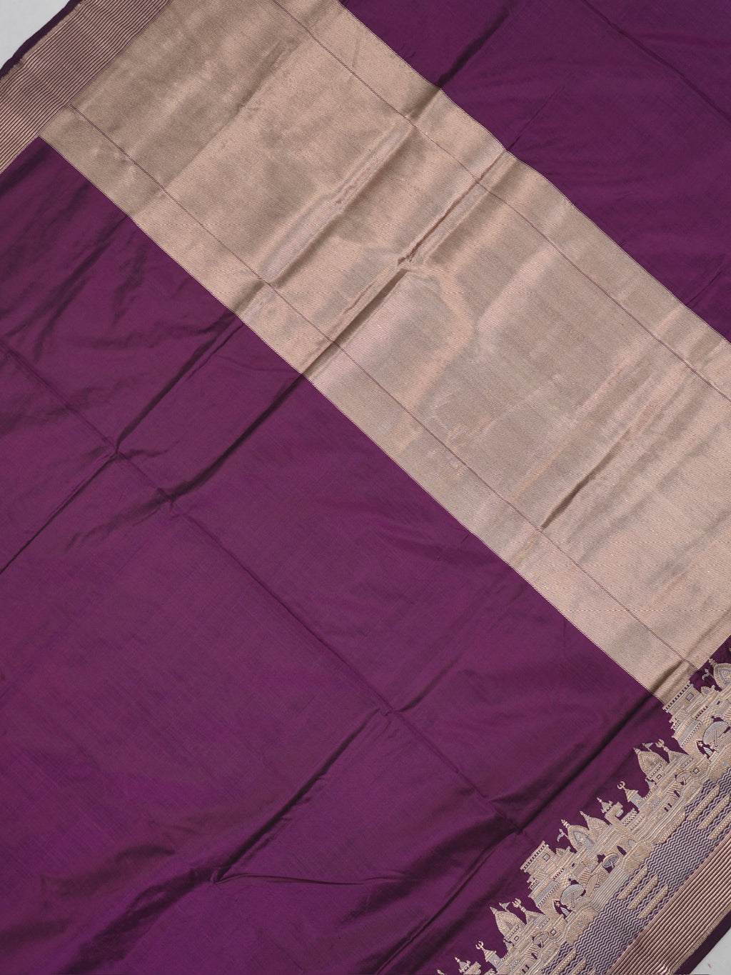 Royal Purple Pure Katan Silk Handwoven Banarasi Saree with Varanasi Ghat Motif Border