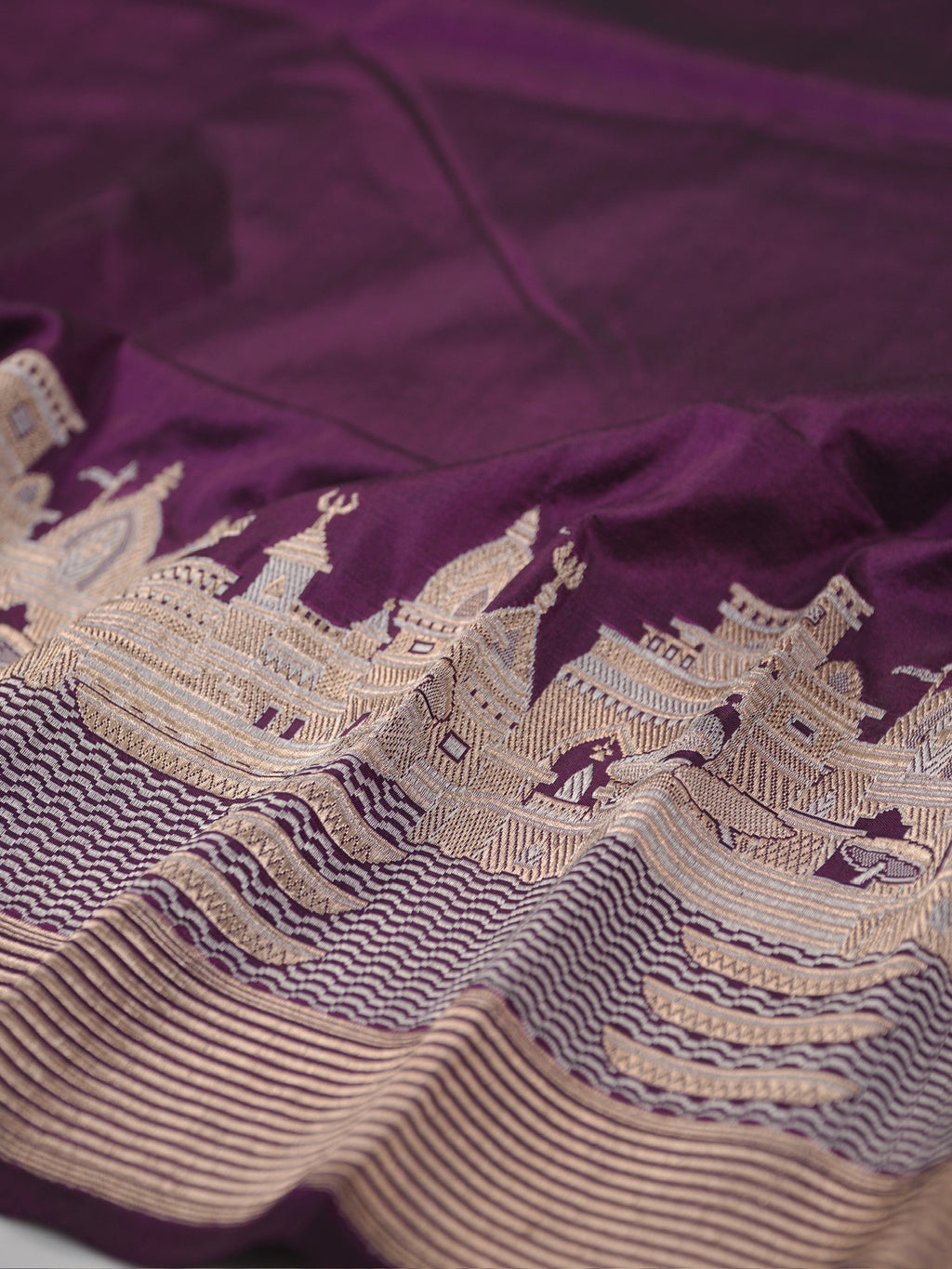 Royal Purple Pure Katan Silk Handwoven Banarasi Saree with Varanasi Ghat Motif Border