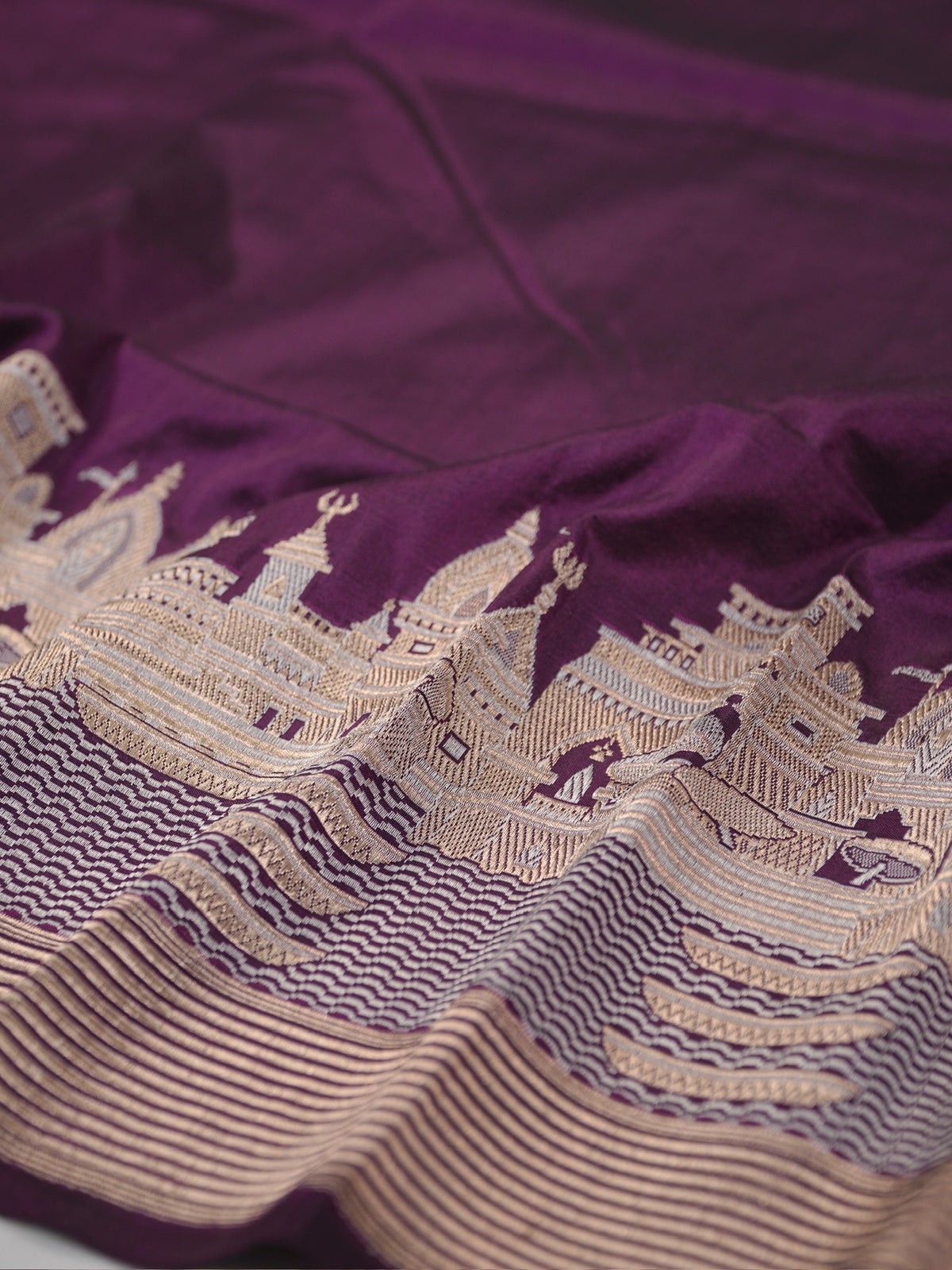 Royal Purple Pure Katan Silk Handwoven Banarasi Saree with Varanasi Ghat Motif Border