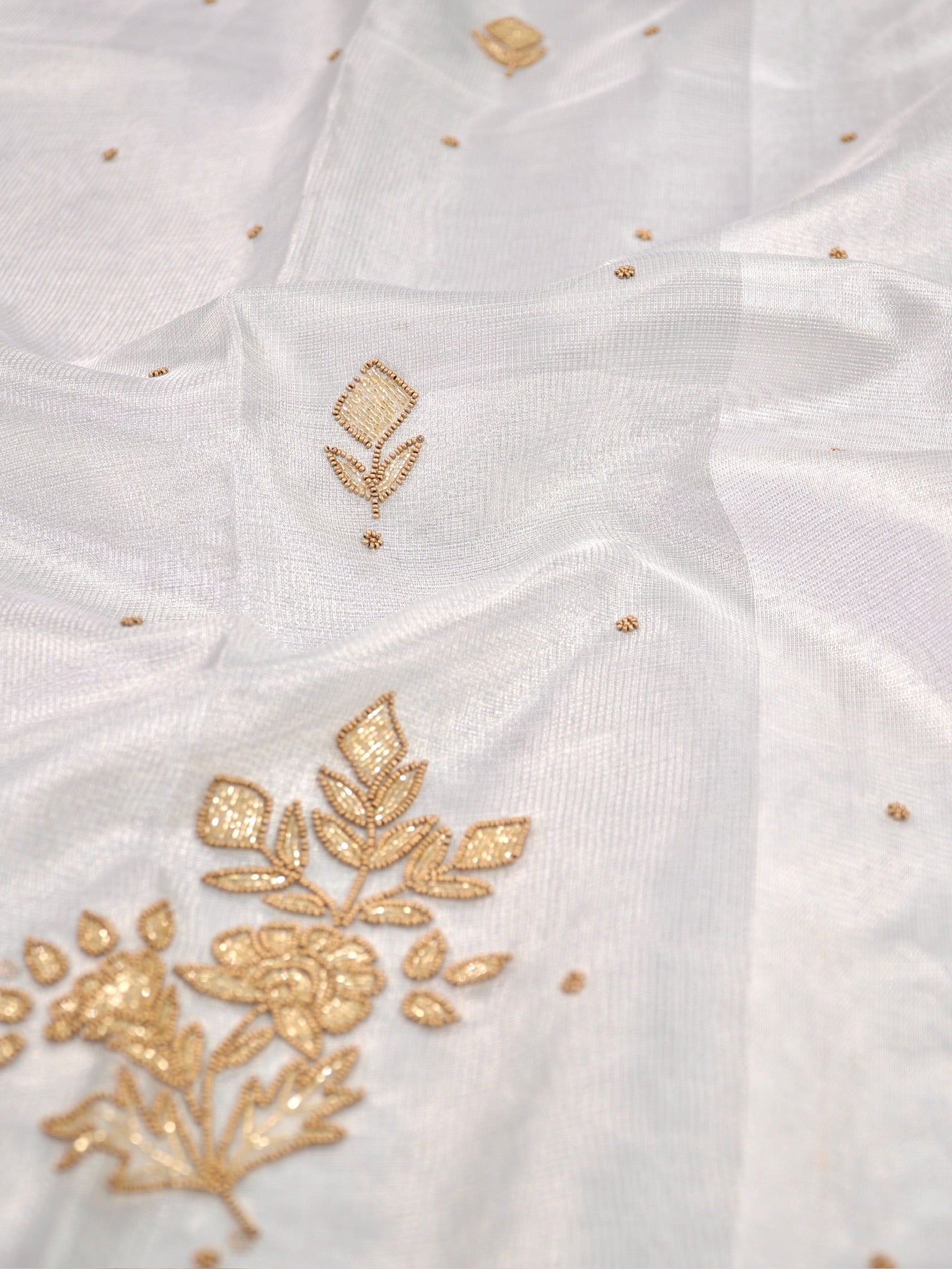 Soft Ice Blue / Silver-Grey Tissue Silk Saree with Zardozi Handwork