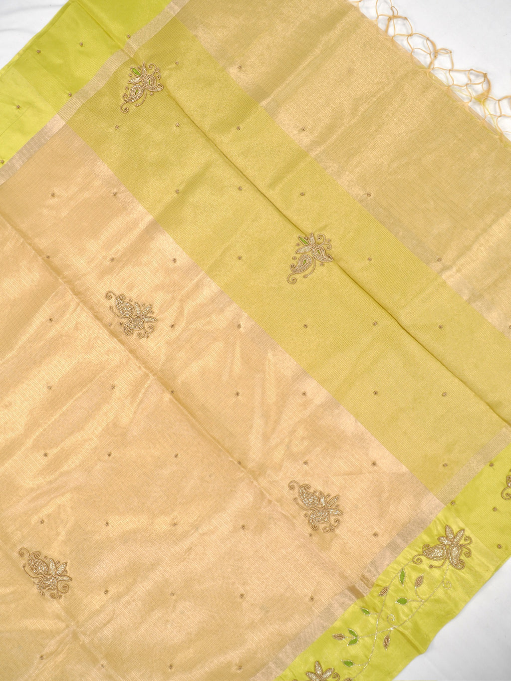Soft Champagne Gold & Olive Green Contrast Tissue Silk Saree with Zardozi Handwork