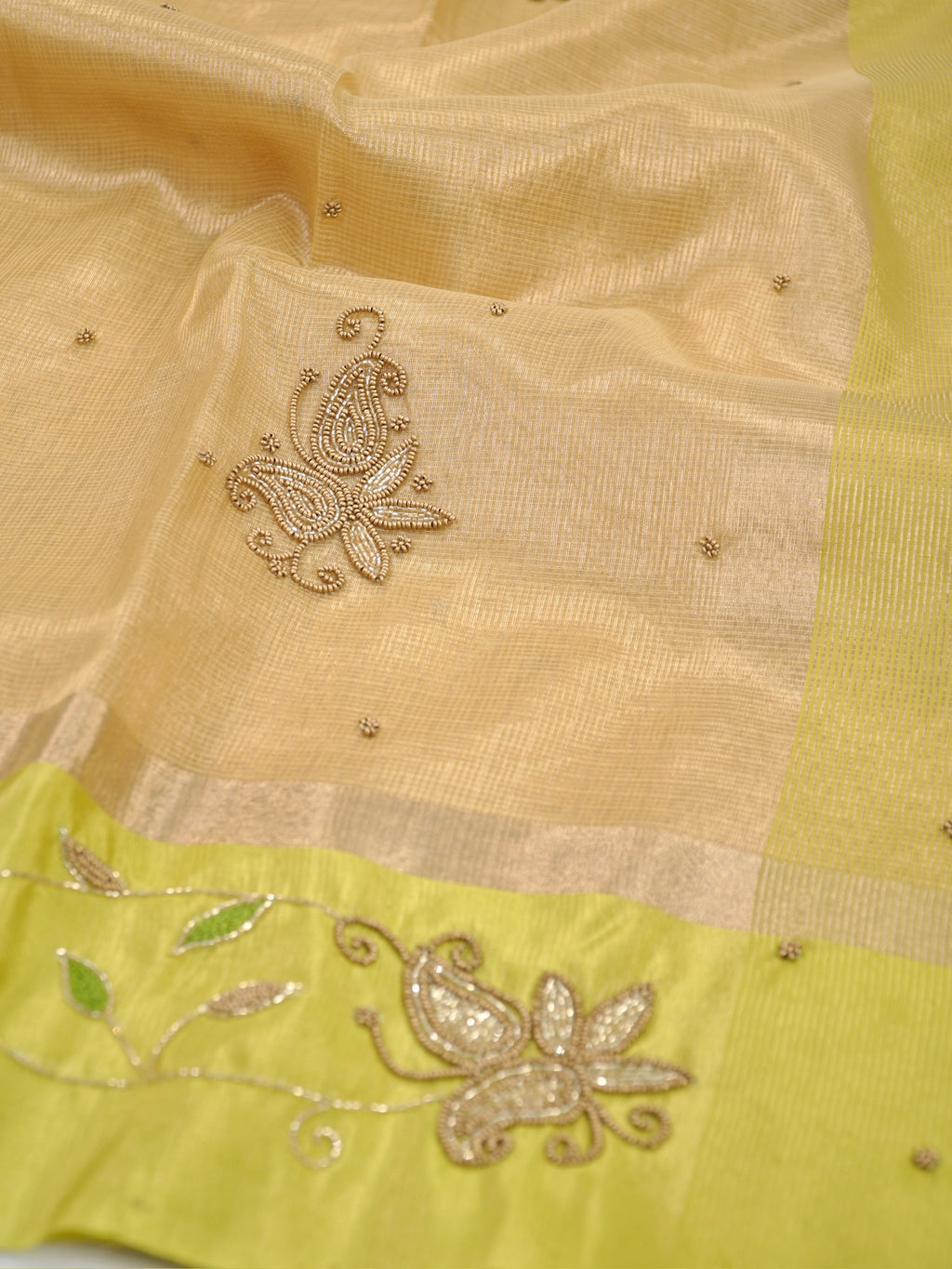 Soft Champagne Gold & Olive Green Contrast Tissue Silk Saree with Zardozi Handwork