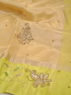 Soft Champagne Gold & Olive Green Contrast Tissue Silk Saree with Zardozi Handwork