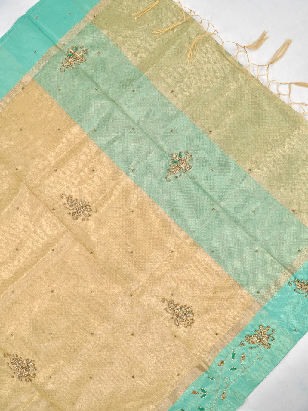 Soft Champagne Gold & Sea Green Contrast Tissue Silk Saree with Zardozi Handwork