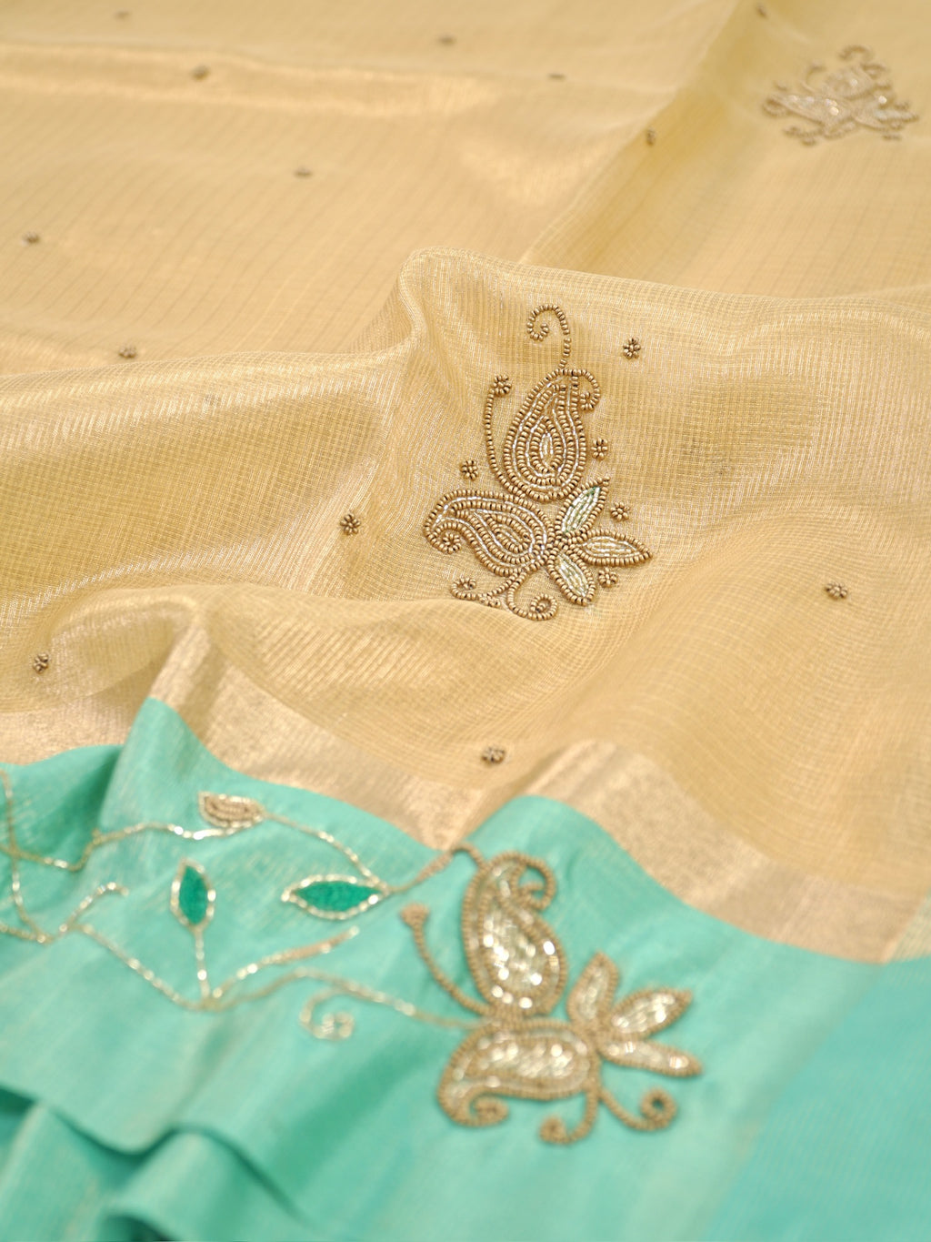 Soft Champagne Gold & Sea Green Contrast Tissue Silk Saree with Zardozi Handwork