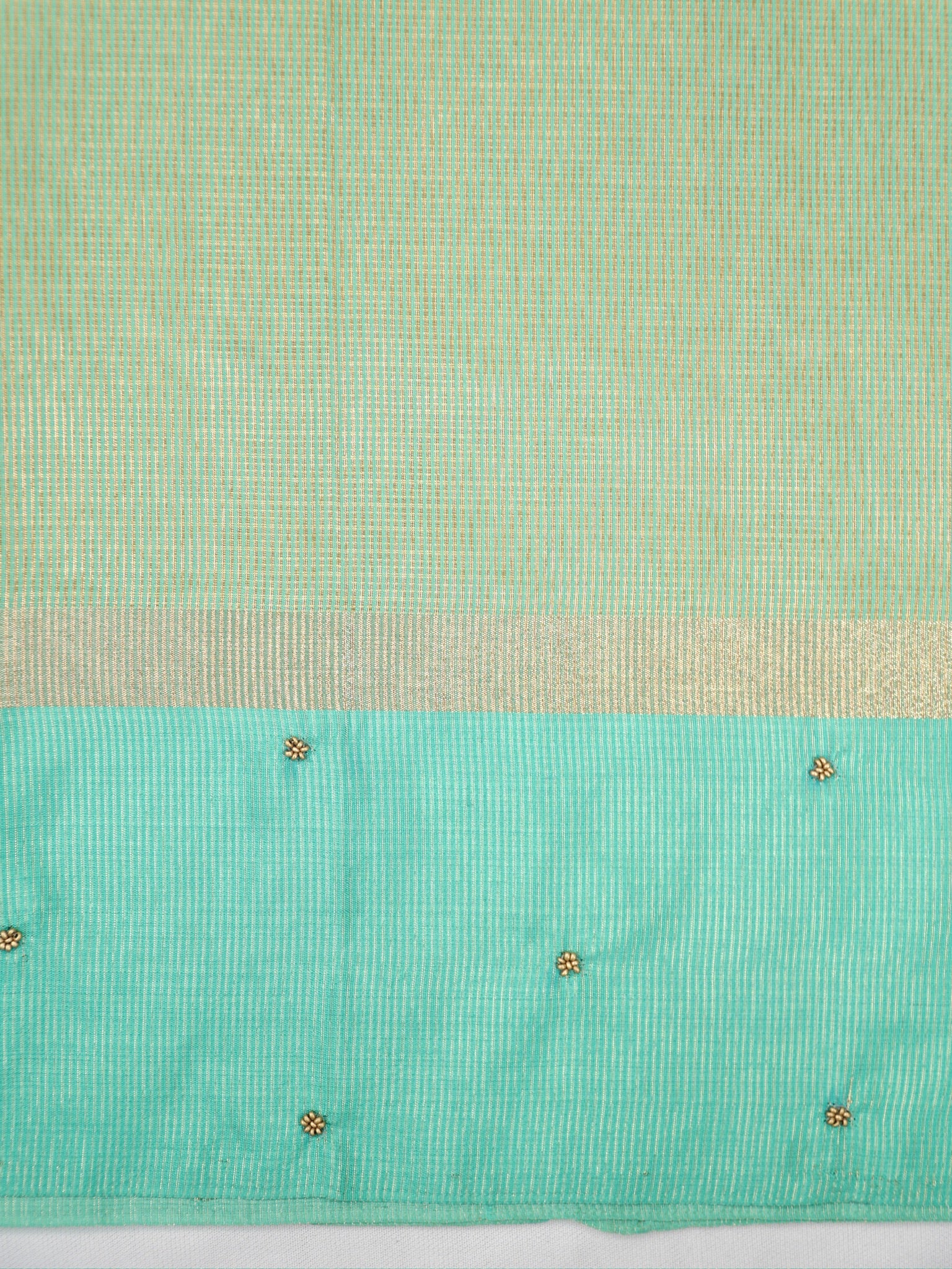 Soft Champagne Gold & Sea Green Contrast Tissue Silk Saree with Zardozi Handwork