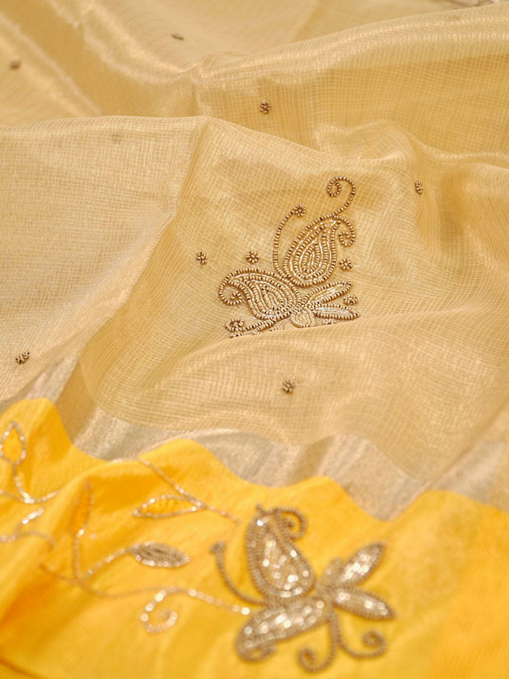 Champagne Gold & Mustard Yellow Contrast Tissue Silk Saree with Zardozi Handwork