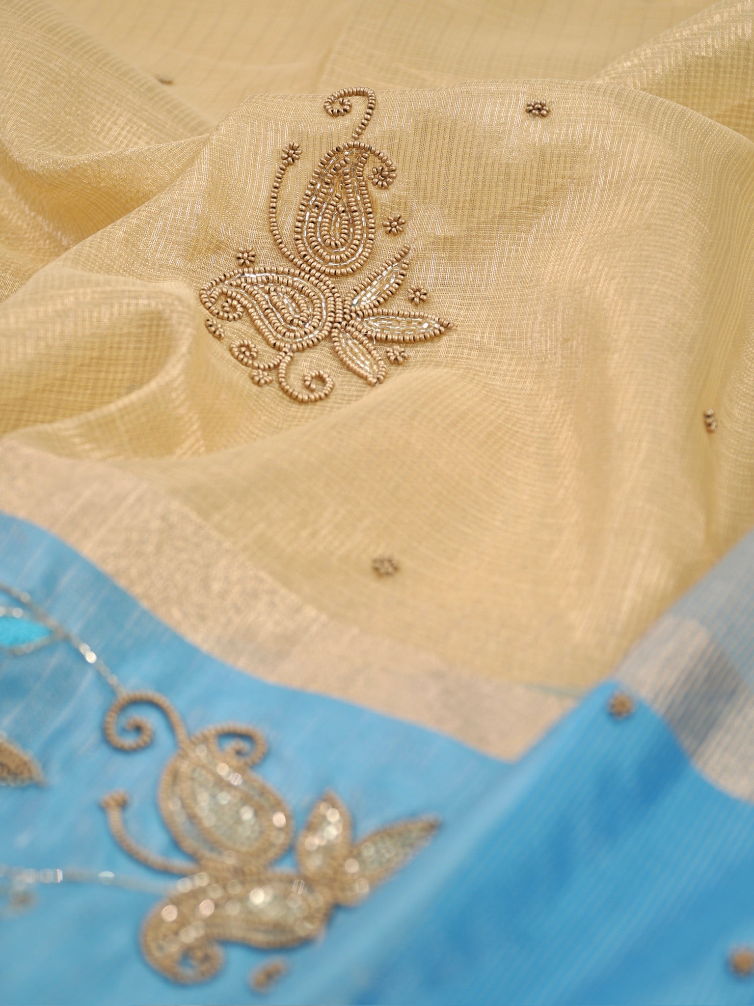 Soft Champagne Gold & Sky Blue Contrast Tissue Silk Saree with Zardozi Handwork