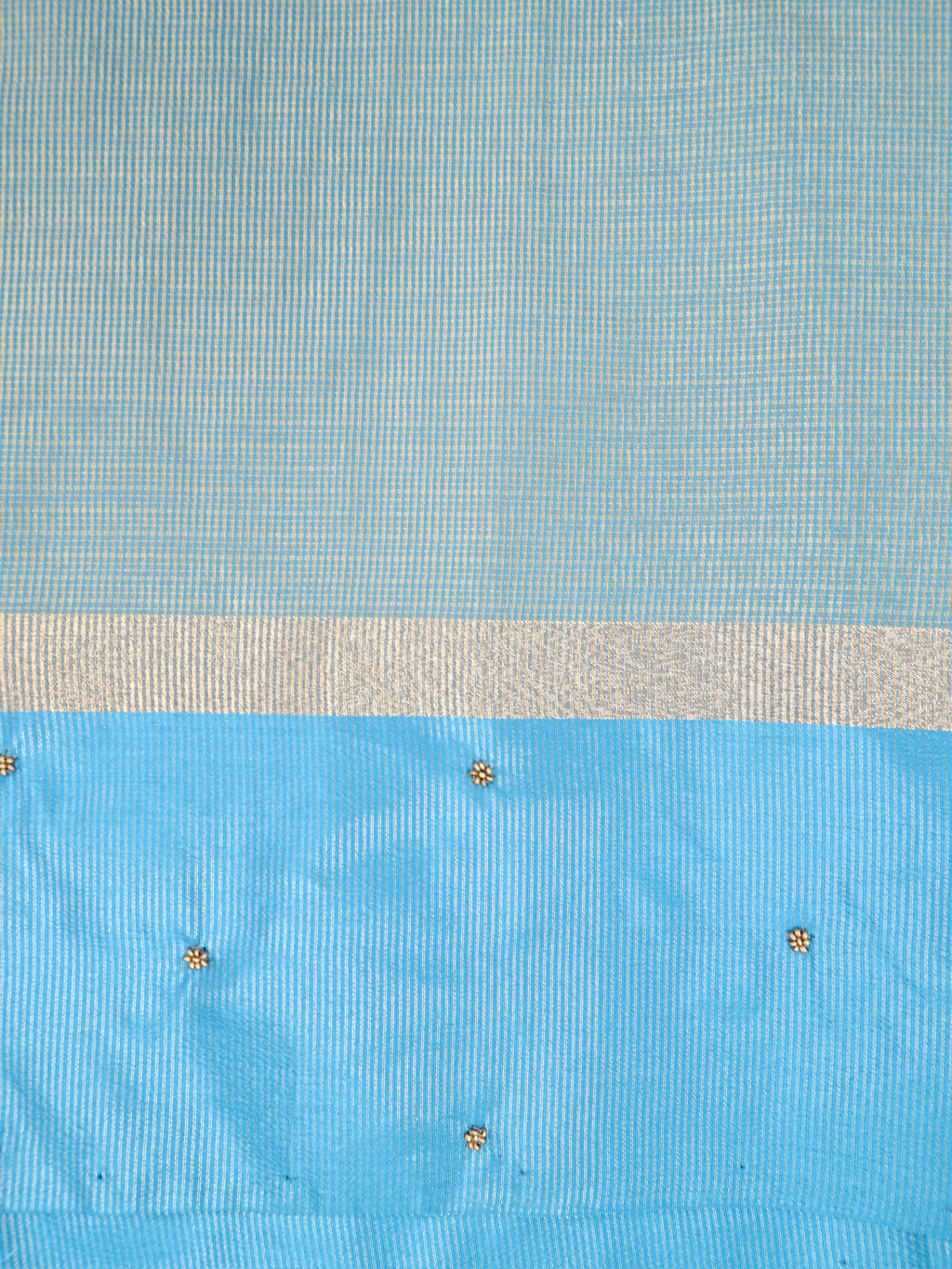 Soft Champagne Gold & Sky Blue Contrast Tissue Silk Saree with Zardozi Handwork