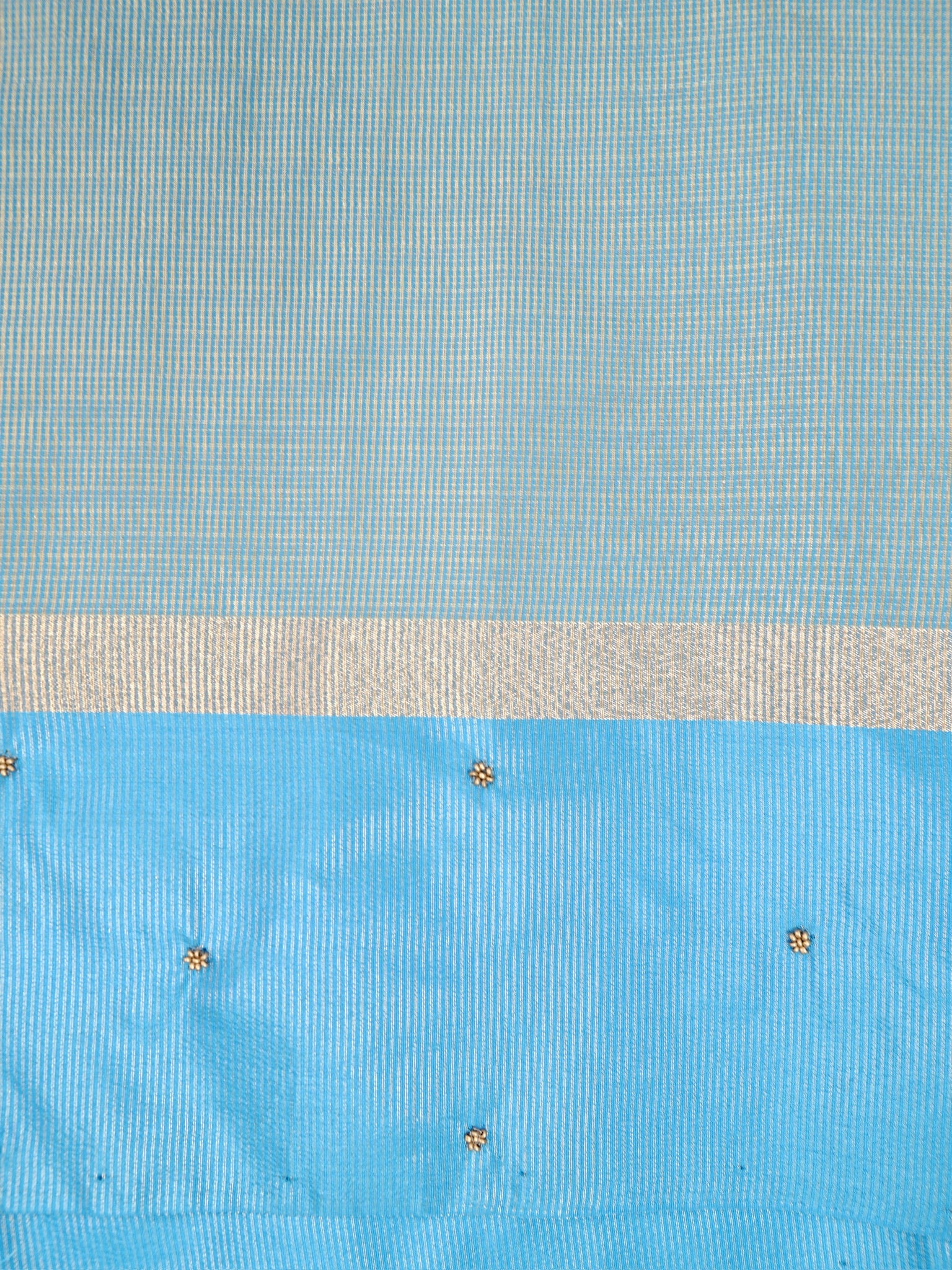 Soft Champagne Gold & Sky Blue Contrast Tissue Silk Saree with Zardozi Handwork