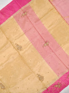 Soft Champagne Gold &  Rani Pink Contrast Tissue Silk Saree with Zardozi Handwork