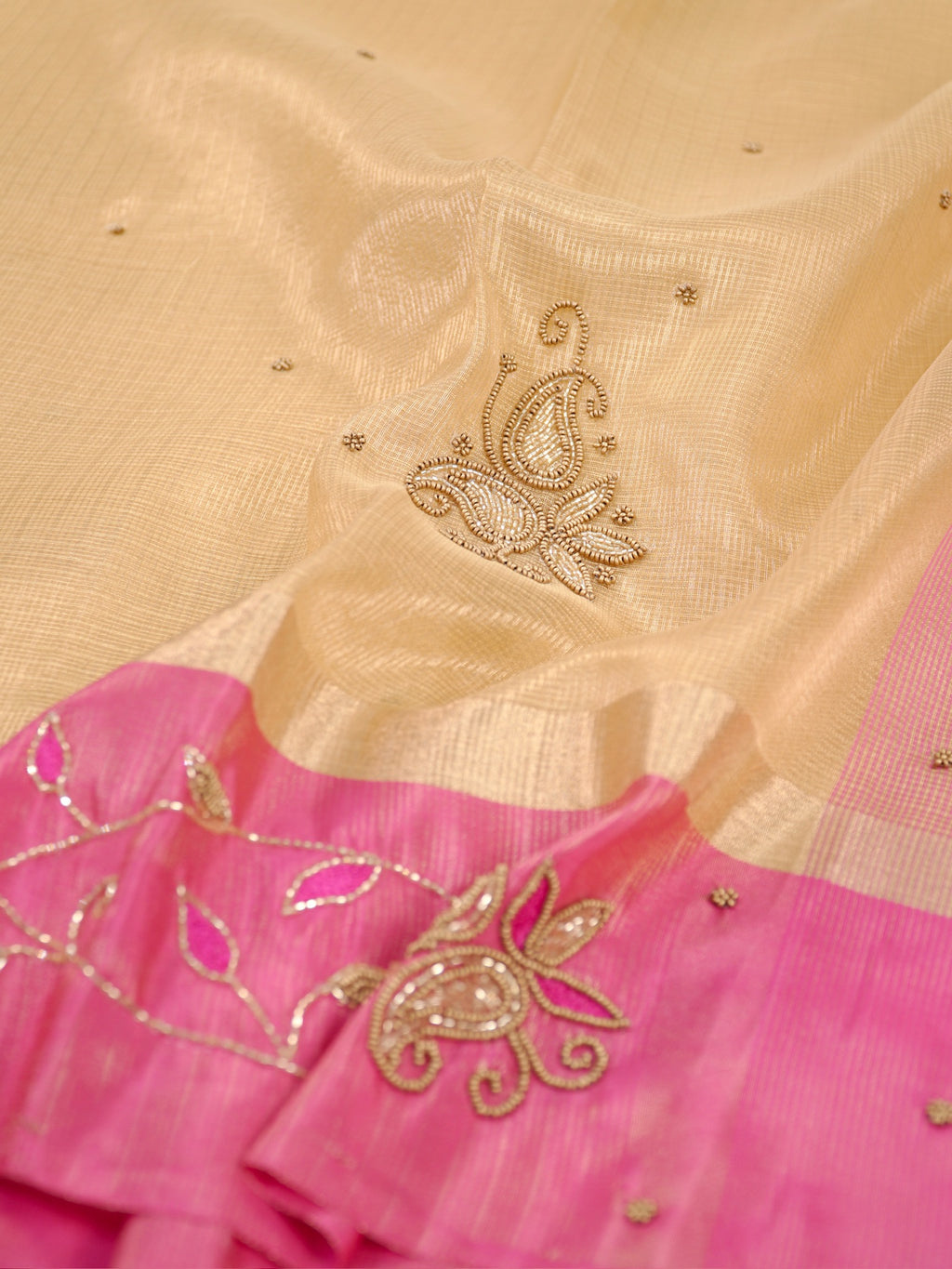 Soft Champagne Gold &  Rani Pink Contrast Tissue Silk Saree with Zardozi Handwork