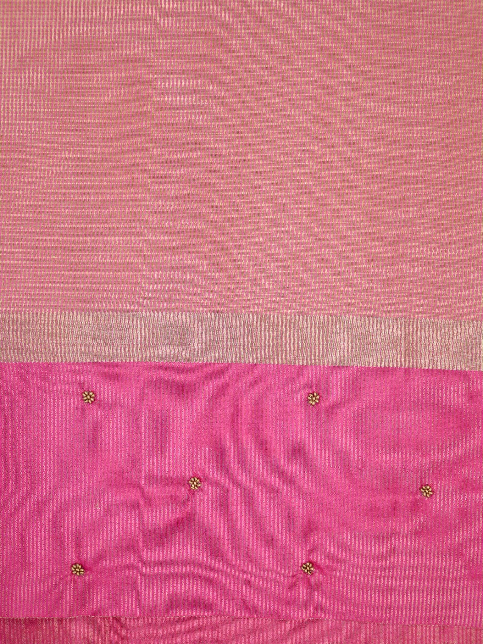 Soft Champagne Gold &  Rani Pink Contrast Tissue Silk Saree with Zardozi Handwork