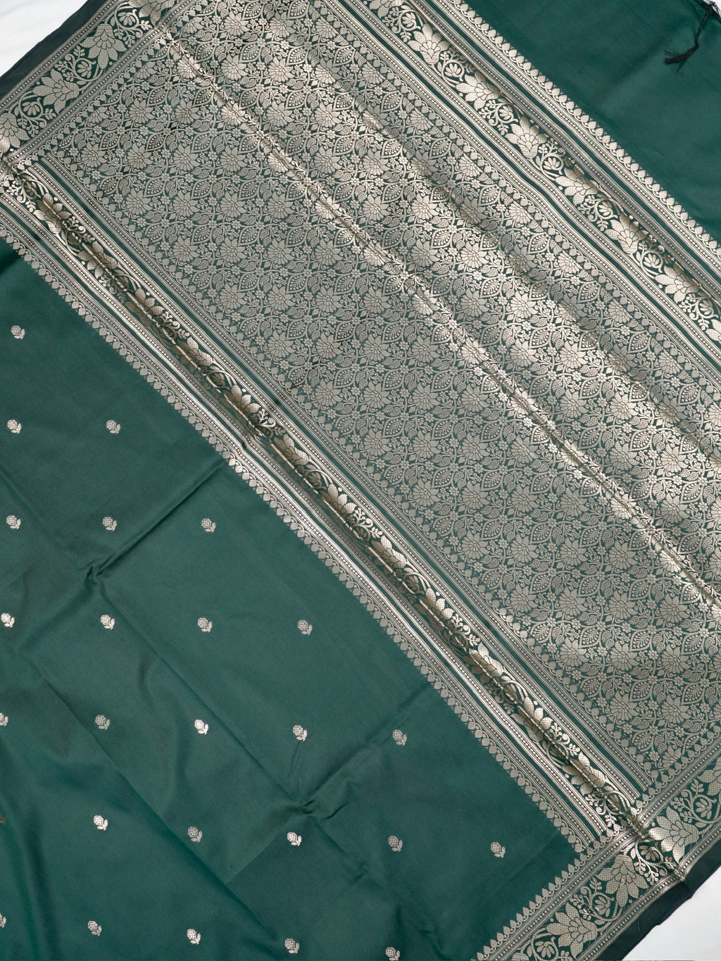 Bottle Green Banarasi Semi Soft Katan Silk Saree with Silver Zari