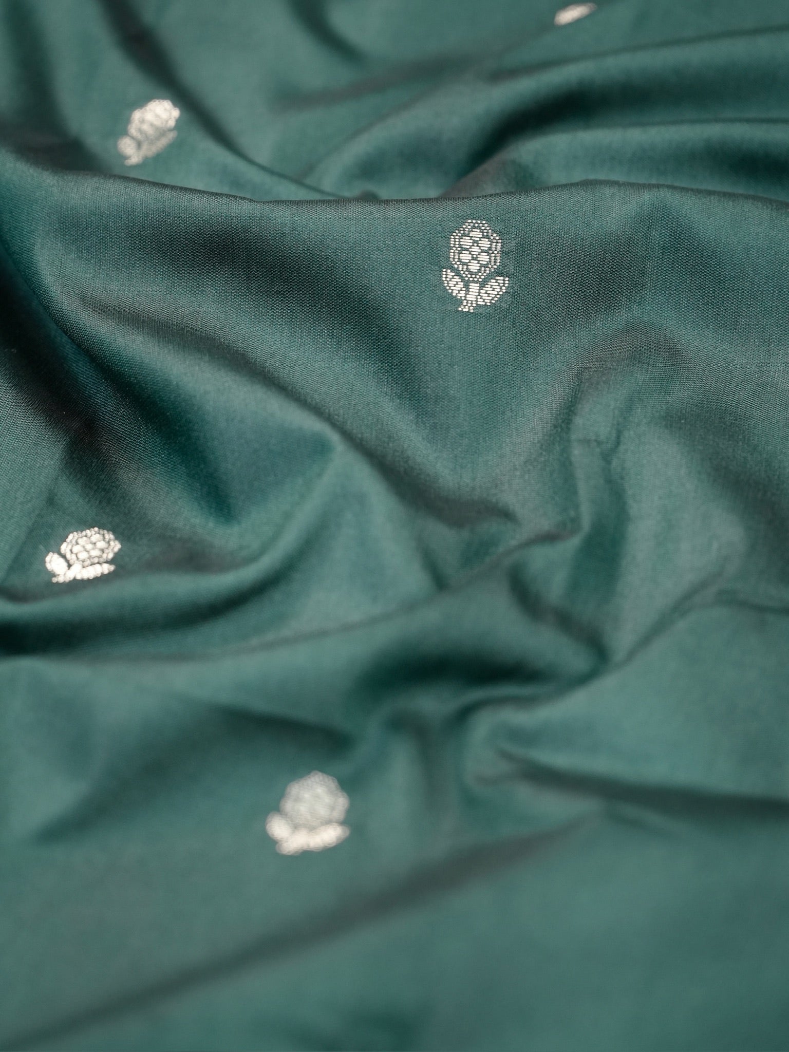 Bottle Green Banarasi Semi Soft Katan Silk Saree with Silver Zari