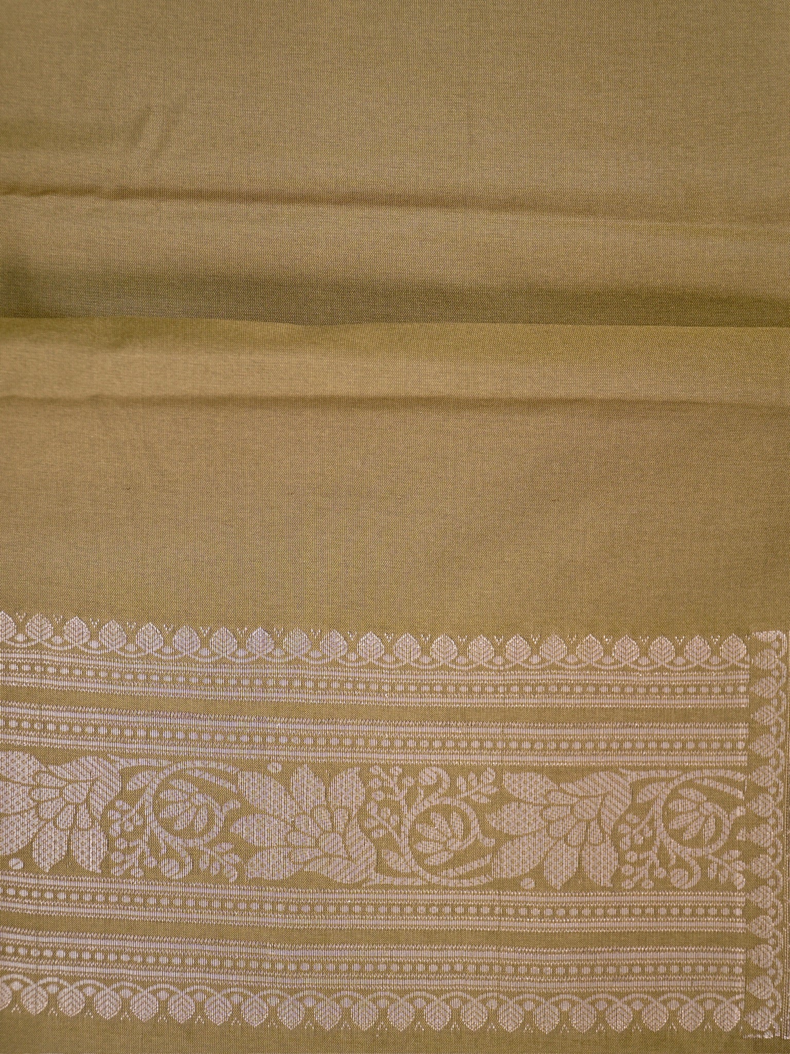 Olive Green Banarasi Semi Soft Katan Silk Saree with Silver Zari