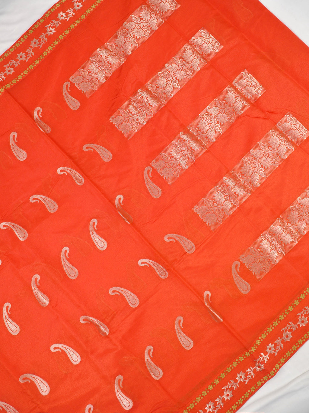 Orange Red Semi Soft Silk Saree with Silver Zari Weave
