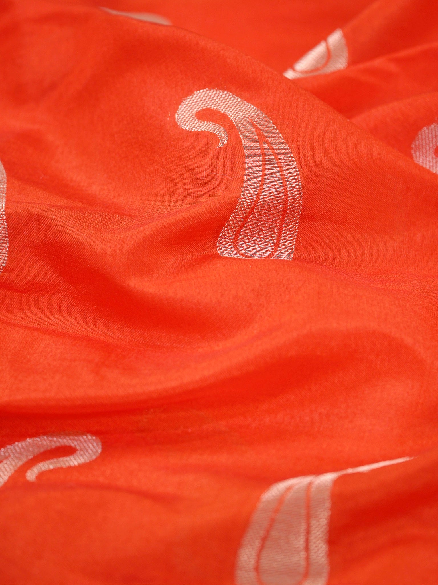 Orange Red Semi Soft Silk Saree with Silver Zari Weave