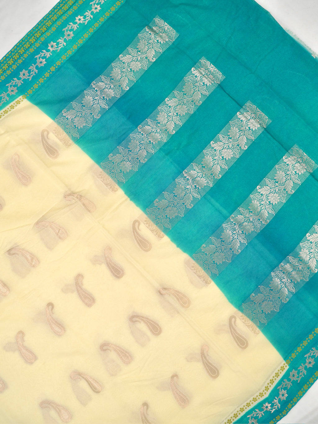 Cream & Sea Green / Teal Contrast Semi Soft Silk Saree