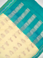 Cream & Sea Green / Teal Contrast Semi Soft Silk Saree