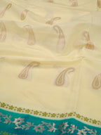 Cream & Sea Green / Teal Contrast Semi Soft Silk Saree