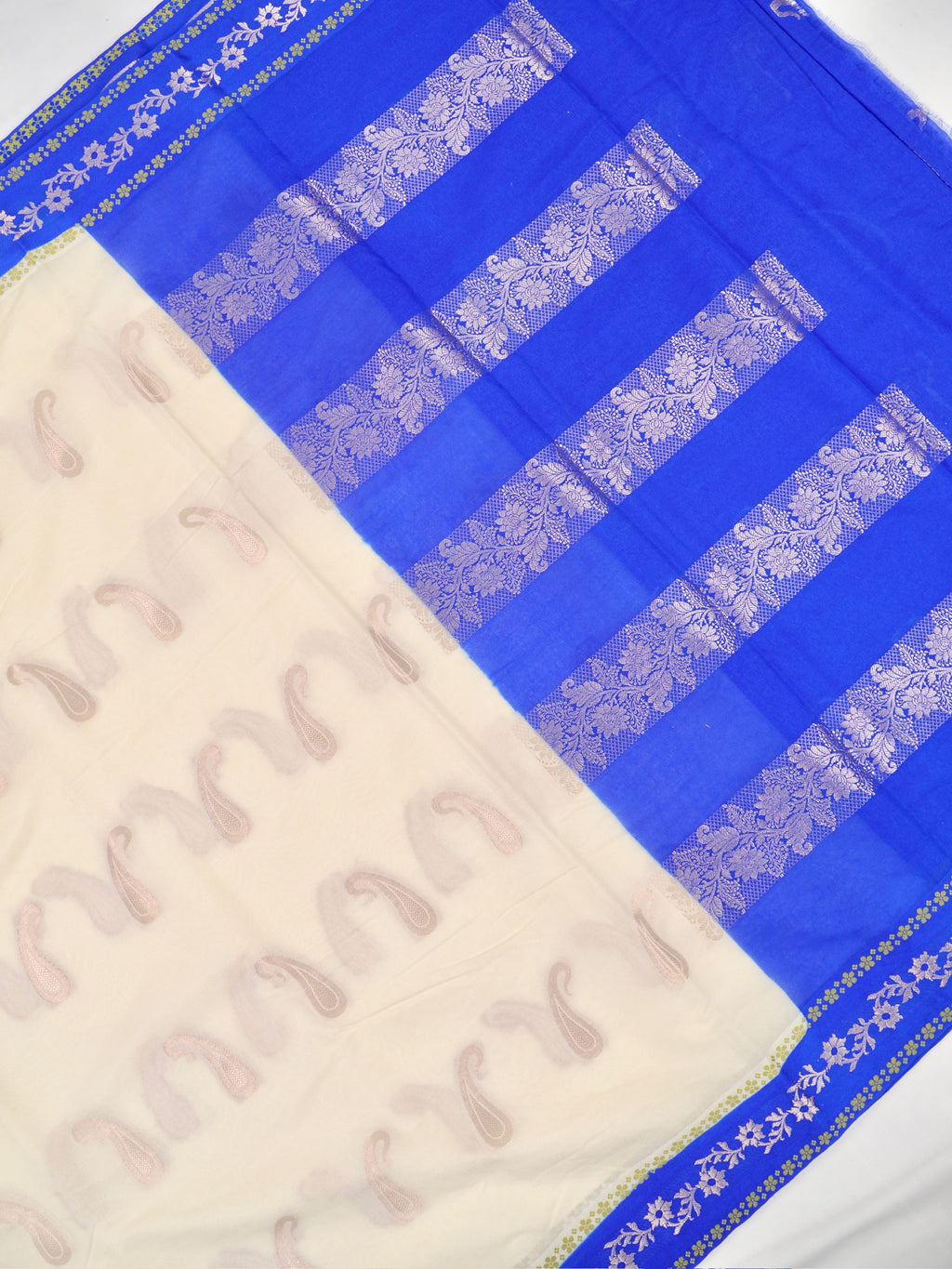 Cream & Royal Blue Contrast Banarasi Semi Soft Silk Saree