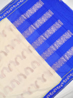 Cream & Royal Blue Contrast Banarasi Semi Soft Silk Saree