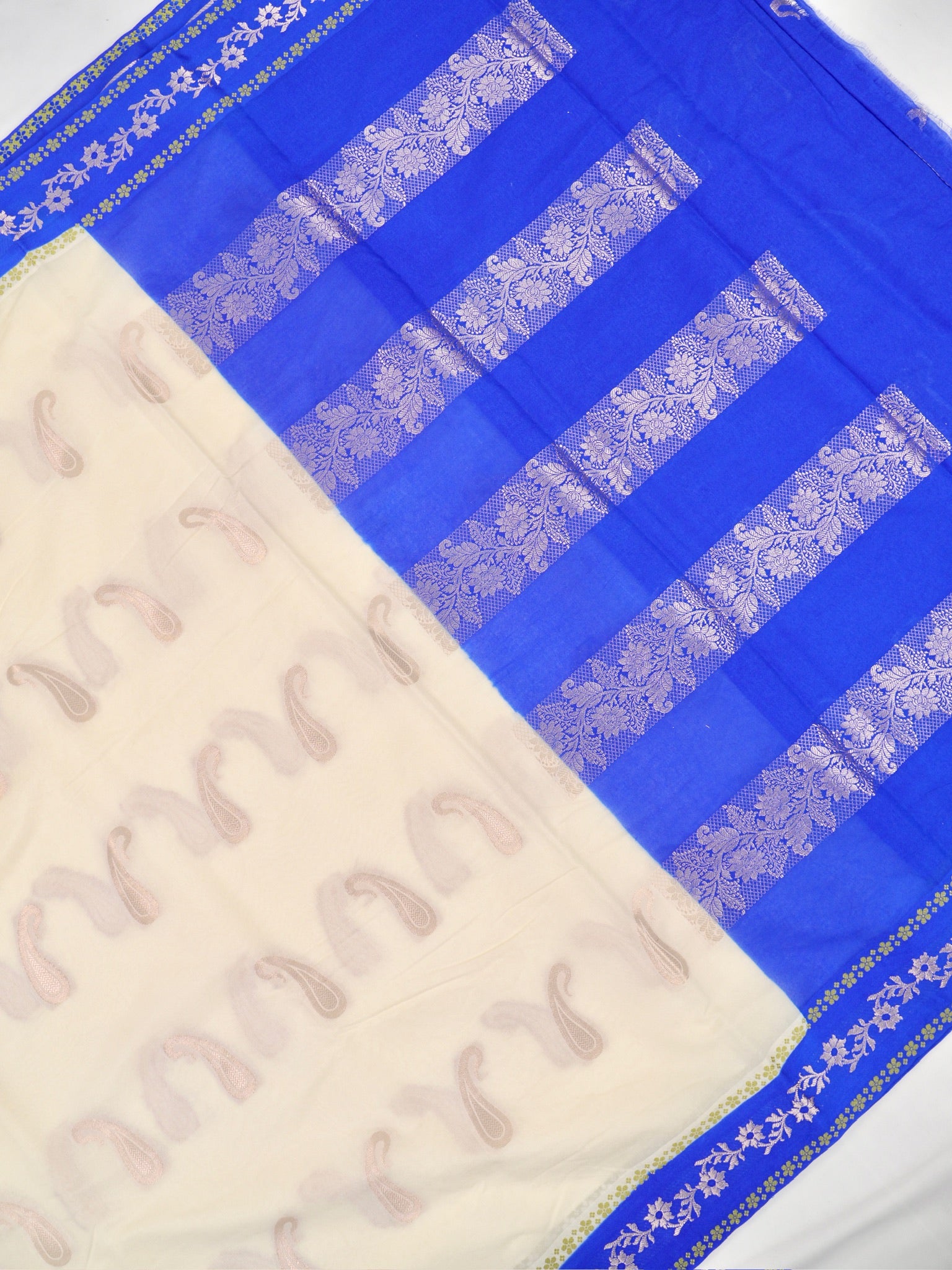 Cream & Royal Blue Contrast Banarasi Semi Soft Silk Saree