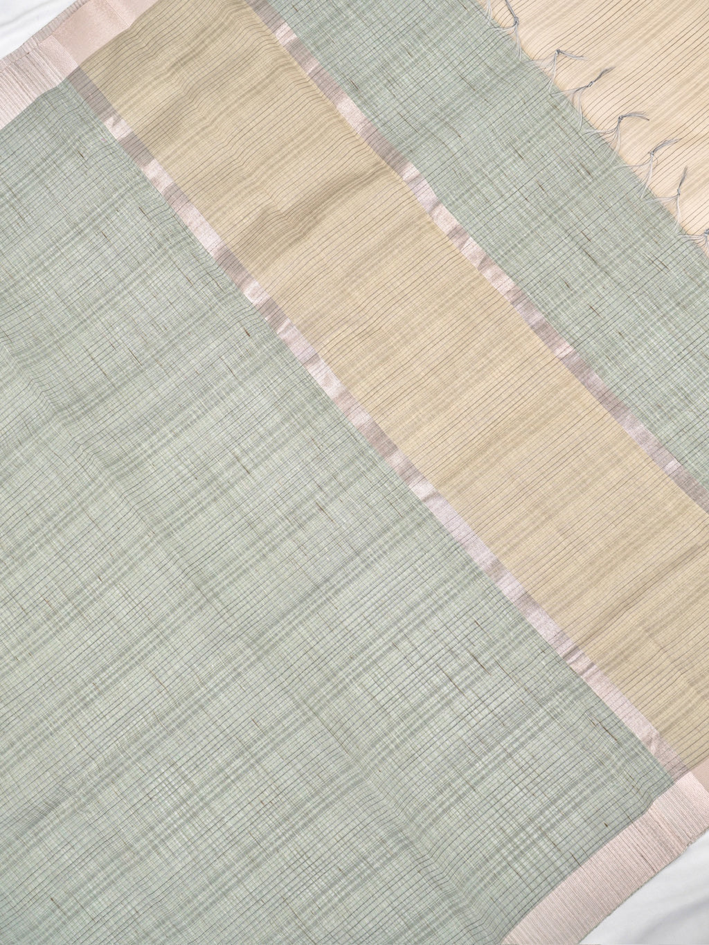 Sage Green & Beige Checked Banarasi Semi Soft Cotton Silk Saree
