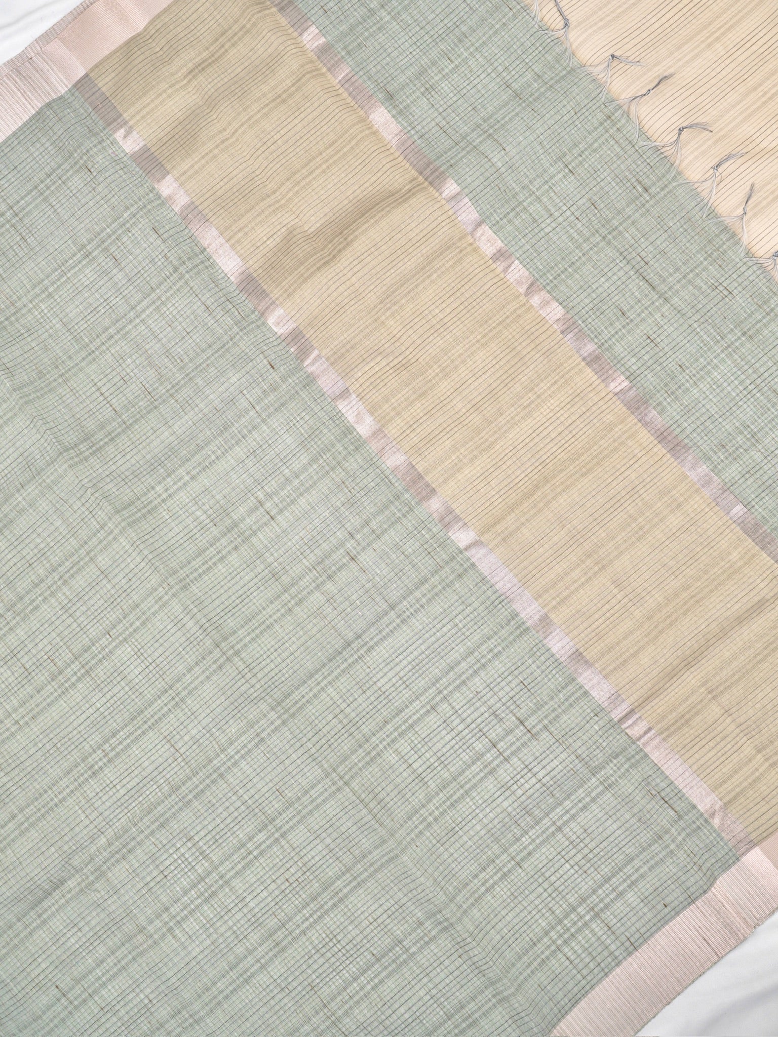 Sage Green & Beige Checked Banarasi Semi Soft Cotton Silk Saree