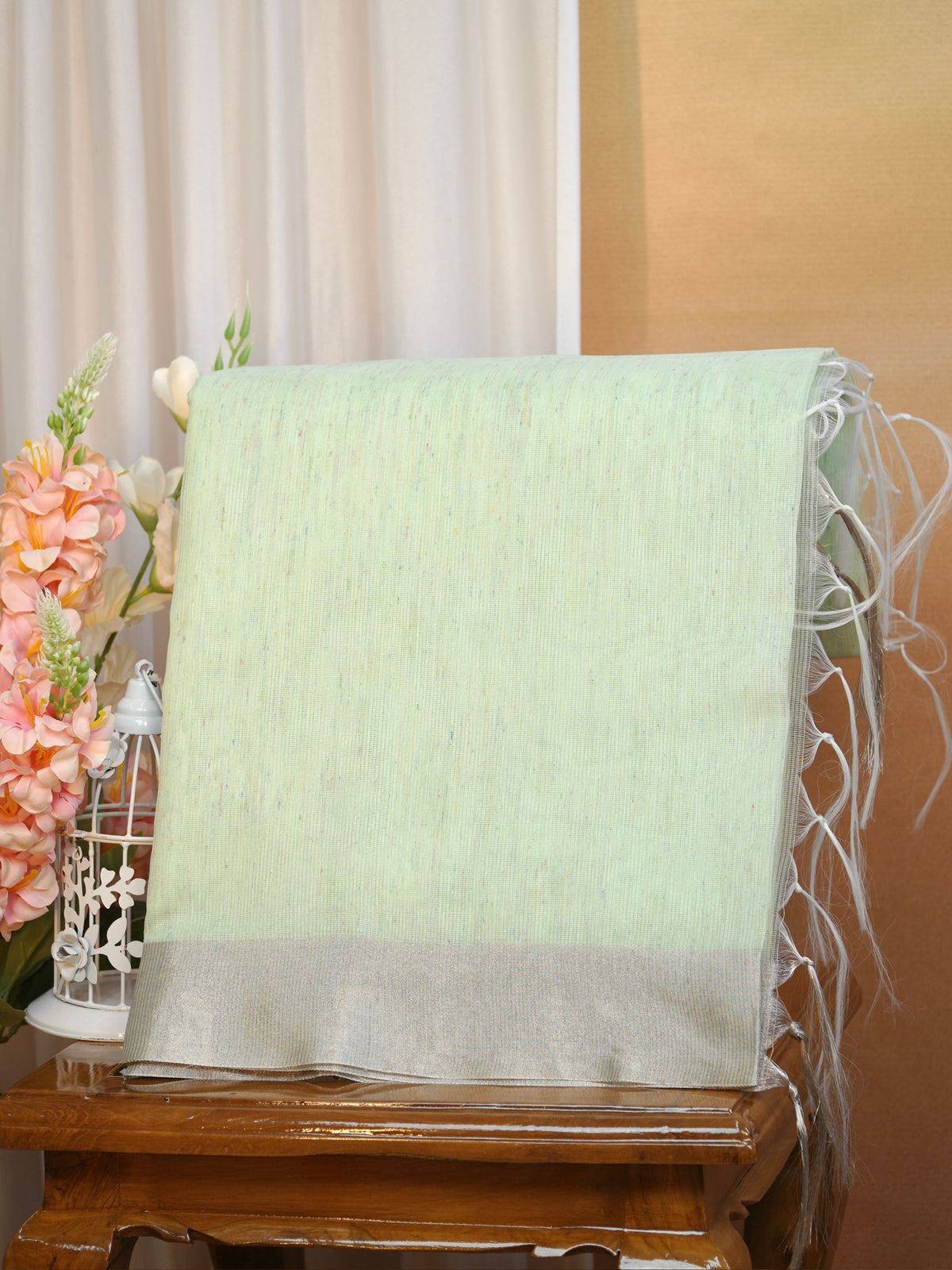 Pastel Sea Green & Beige Banarasi Soft Cotton Silk Saree with Zari Borders