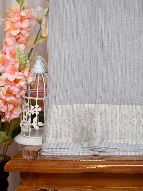 Ash Grey & Beige Banarasi Soft Cotton Silk Saree with Woven Borders